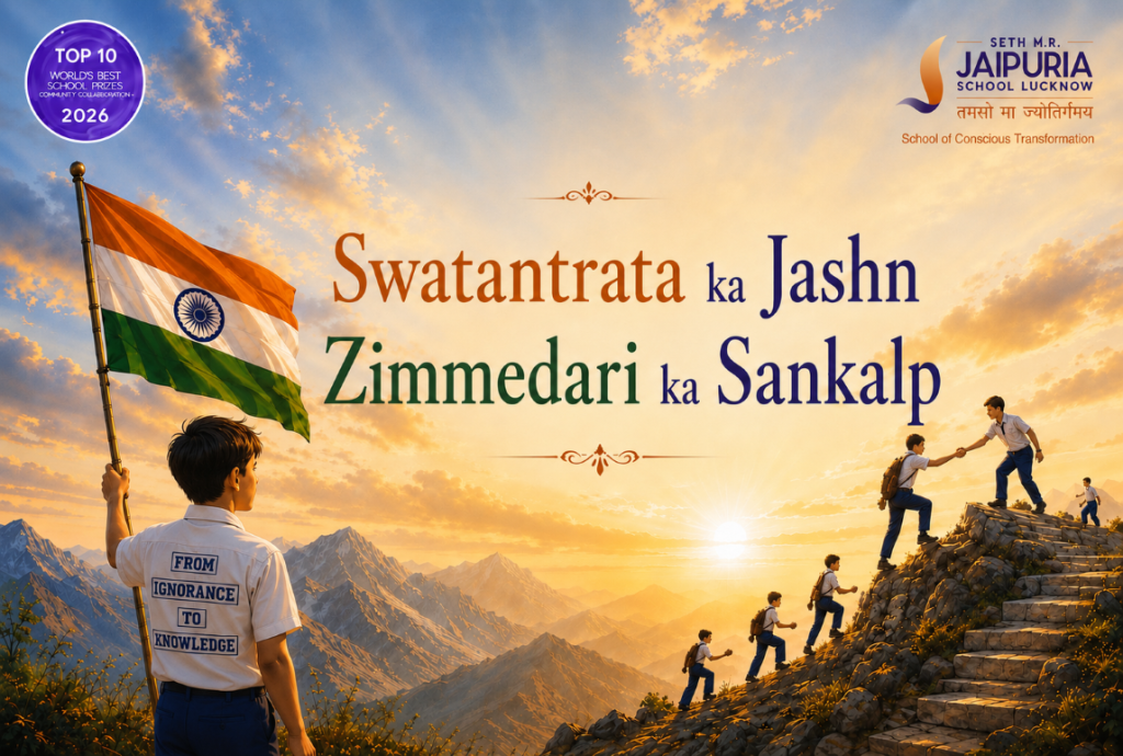 Boy holds the Indian flag on a mountain at sunrise, with the slogan 'Swatantrata ka Jashn, Zimmedari ka Sankalp' in the sky behind him.