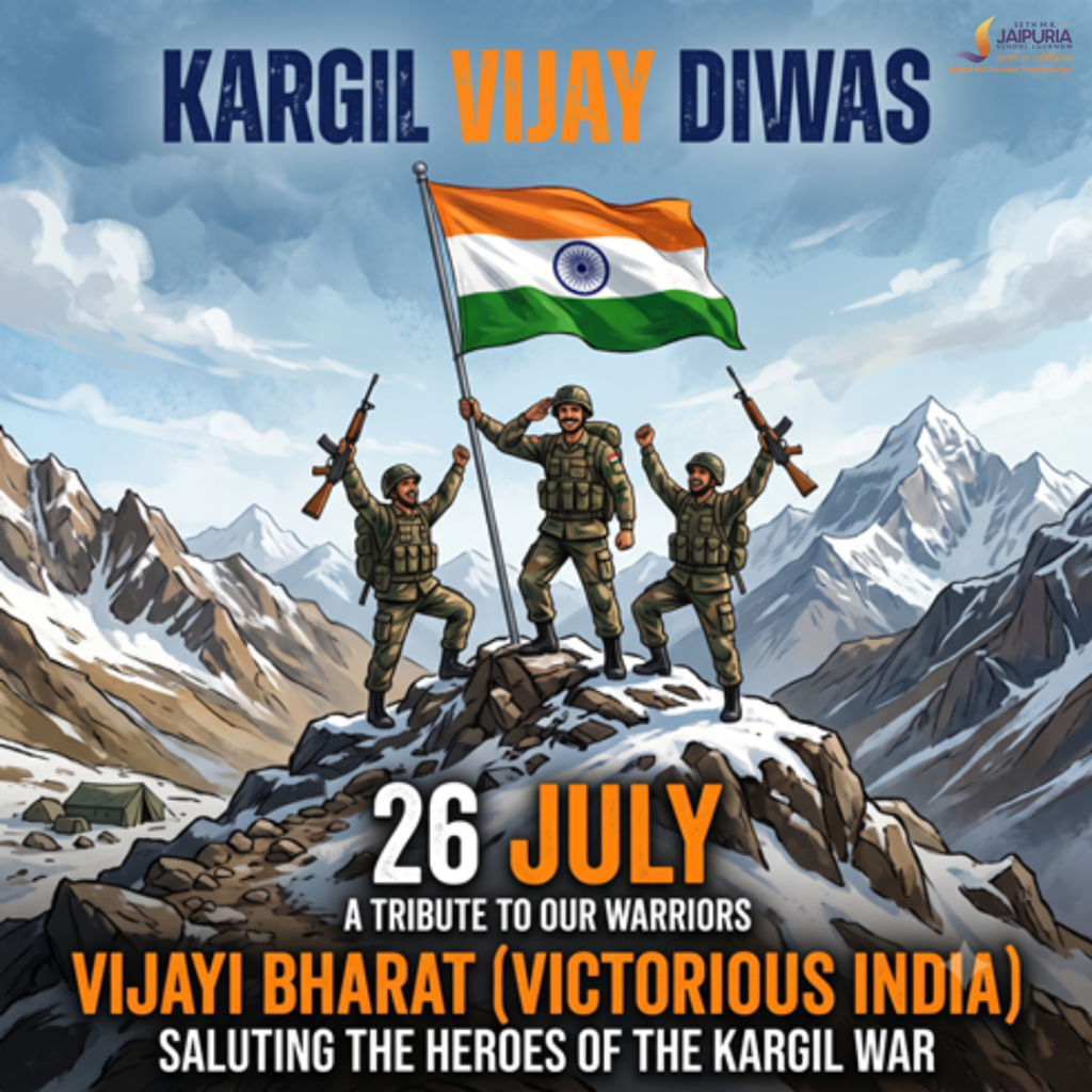 Illustrated Kargil Vijay Diwas poster with three soldiers on a snowy peak raising the Indian flag, mountains in the background, and commemorative text.
