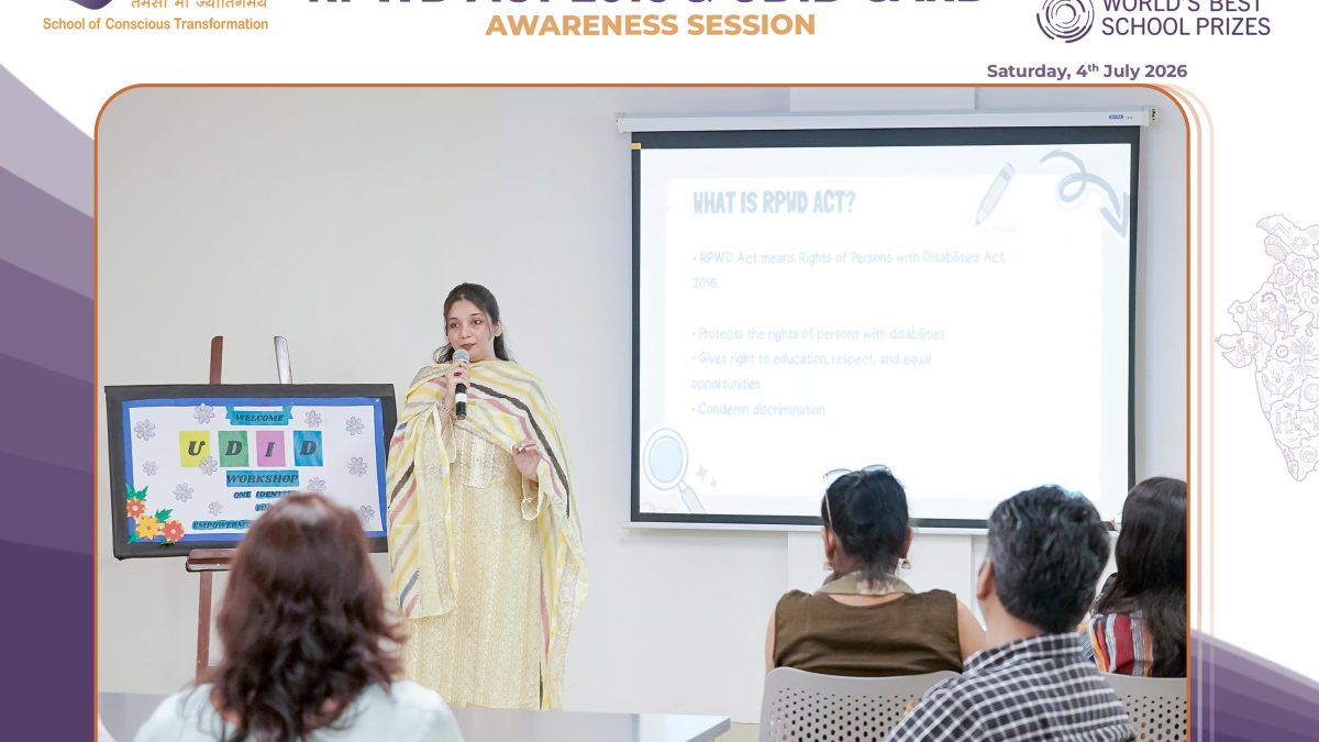 Speaker presenting to a classroom during an RPWD Act 2016 awareness session with a projected slide and engaged audience members present in a seminar setup.