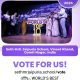 Stage photo from an award ceremony with a large 'TOP 10' sign, banners for Seth M.R. Jaipuria School and World's Best School Prizes, and a purple 'VOTE FOR US!' panel with the URL sethmrjaipuria.school/vote.