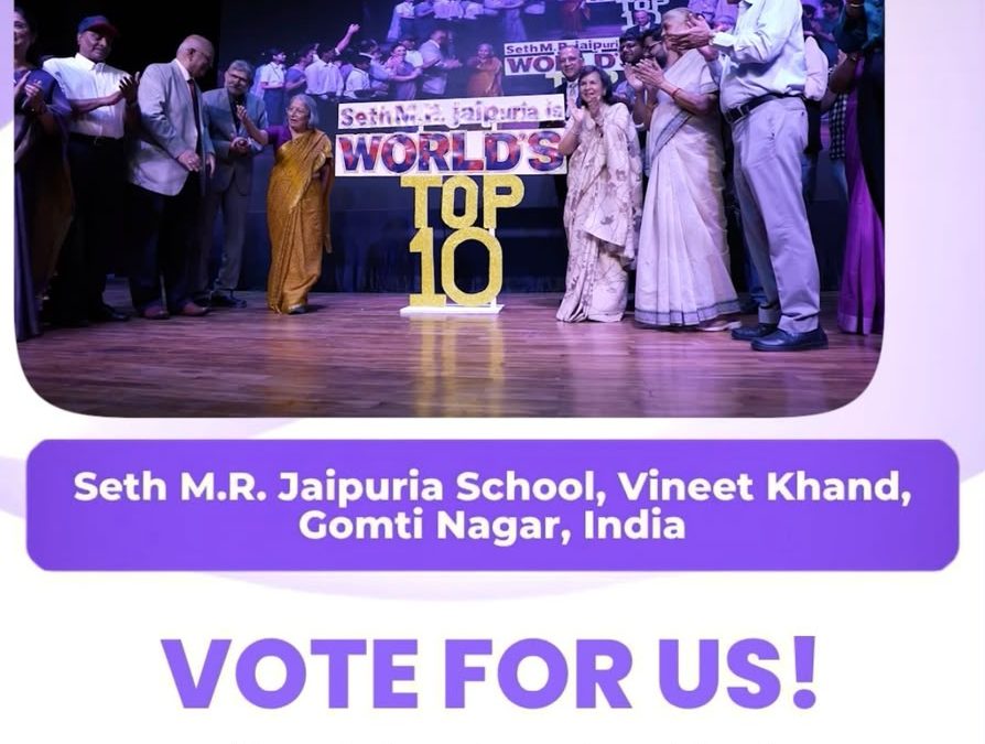 Stage photo from an award ceremony with a large 'TOP 10' sign, banners for Seth M.R. Jaipuria School and World's Best School Prizes, and a purple 'VOTE FOR US!' panel with the URL sethmrjaipuria.school/vote.