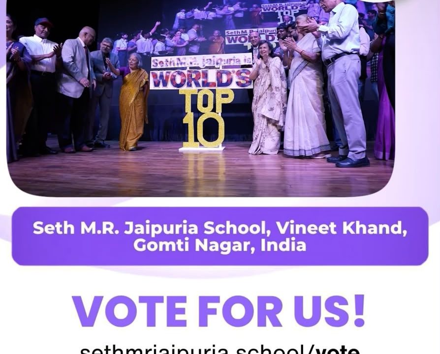 Stage photo from an award ceremony with a large 'TOP 10' sign, banners for Seth M.R. Jaipuria School and World's Best School Prizes, and a purple 'VOTE FOR US!' panel with the URL sethmrjaipuria.school/vote.