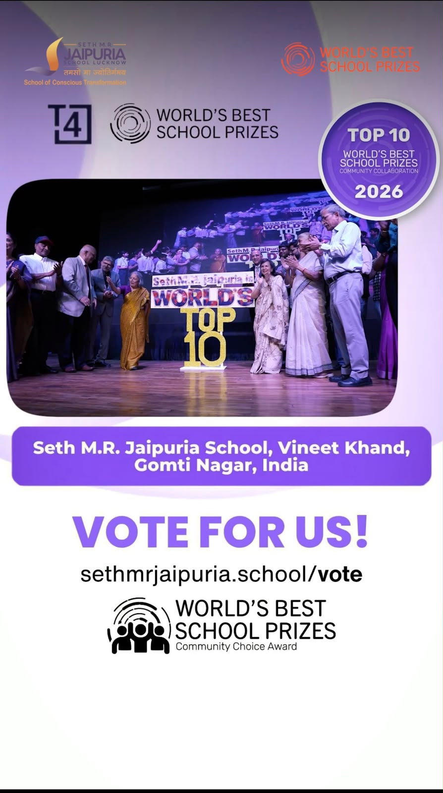 Stage photo from an award ceremony with a large 'TOP 10' sign, banners for Seth M.R. Jaipuria School and World's Best School Prizes, and a purple 'VOTE FOR US!' panel with the URL sethmrjaipuria.school/vote.