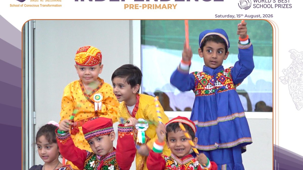 Children in bright traditional outfits performing a dance at a school Independence Day event.