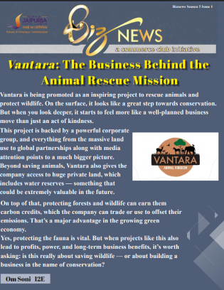 Newsletter front page for Biz News featuring the article 'Vantara: The Business Behind the Animal Rescue Mission' with Biz News and Vantara logos and a feature excerpt about the company's mission.