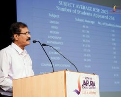 A proud moment as Mr. Vinay Pandey showcases the school’s academic triumphs to the audience.